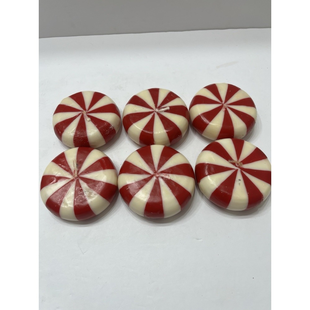 Christmas Peppermint Candy Shaped Candles Set Of 6 Red White 3x1" Unused